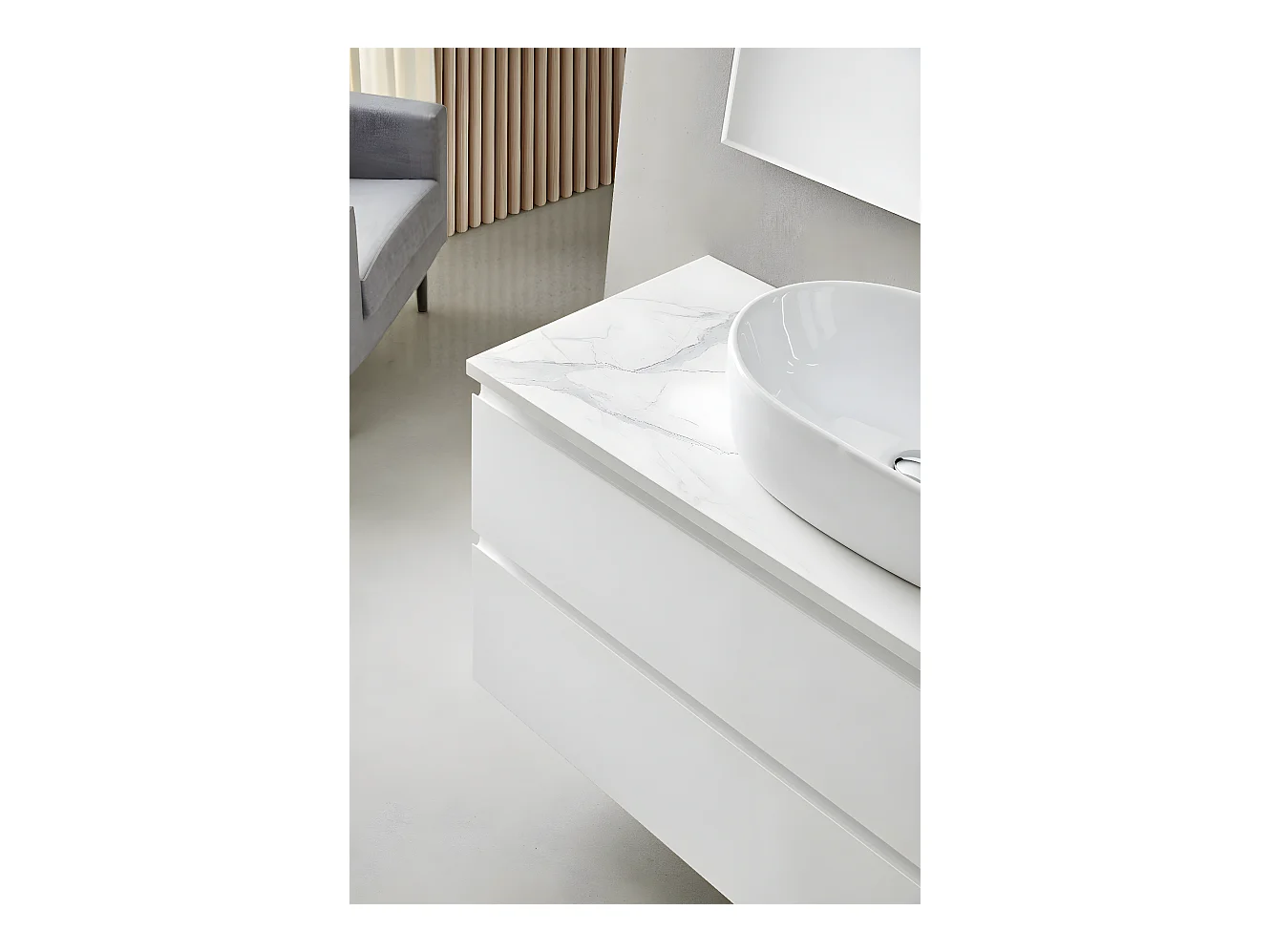 Meuble de salle de bain avec 2 tiroirs suspendus avec plan Marbre Blanc + vasque à poser - Longueur 60 x Hauteur 56 x Profondeur 46 cm