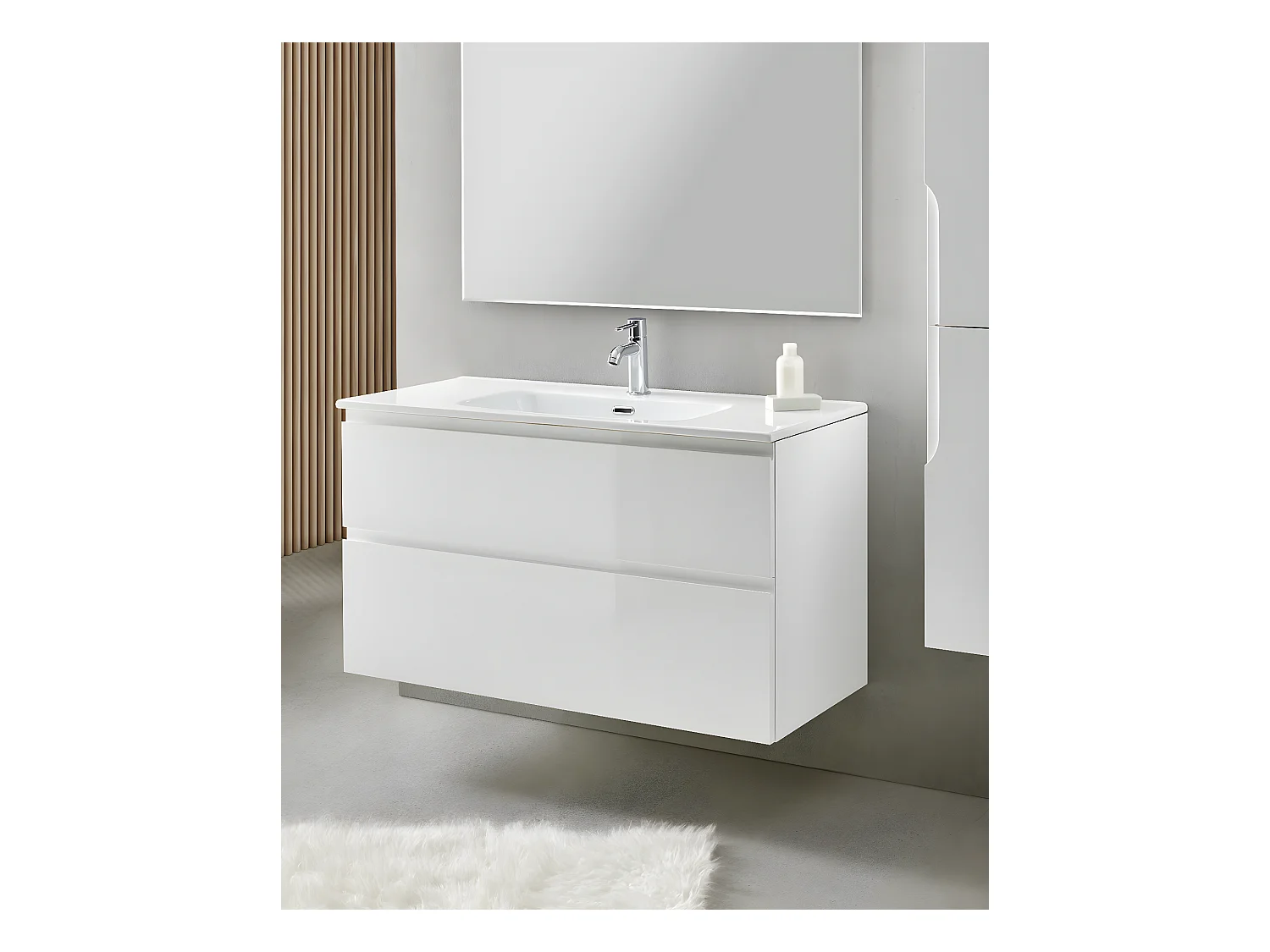 Meuble de salle de bain avec 2 tiroirs suspendus blanc avec plan moulé blanc + miroir - Longueur 60 x Hauteur 56 x Profondeur 46 cm