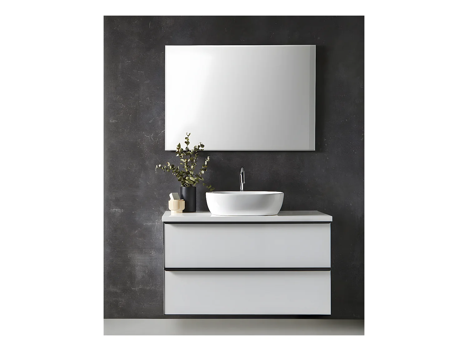 Meuble de salle de bain avec 2 tiroirs suspendus Blanc brillant + vasque à poser + miroir - Longueur 60 x Hauteur 50 x Profondeur 46,5 cm