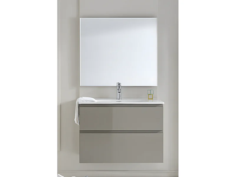Meuble de salle de bain avec 2 tiroirs suspendus taupe brillant avec plan moulé + miroir - Longueur 80 x Hauteur 56 x Profondeur 46 cm