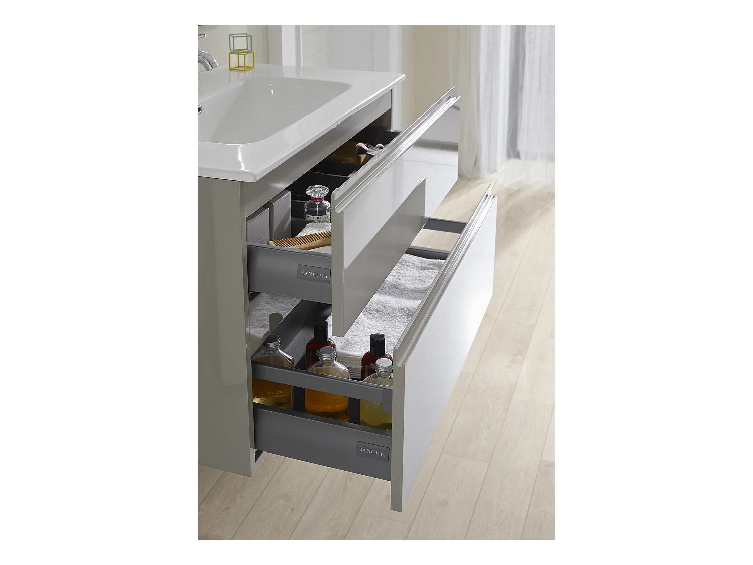 Meuble de salle de bain avec 2 tiroirs suspendus taupe brillant avec plan moulé + miroir - Longueur 80 x Hauteur 56 x Profondeur 46 cm