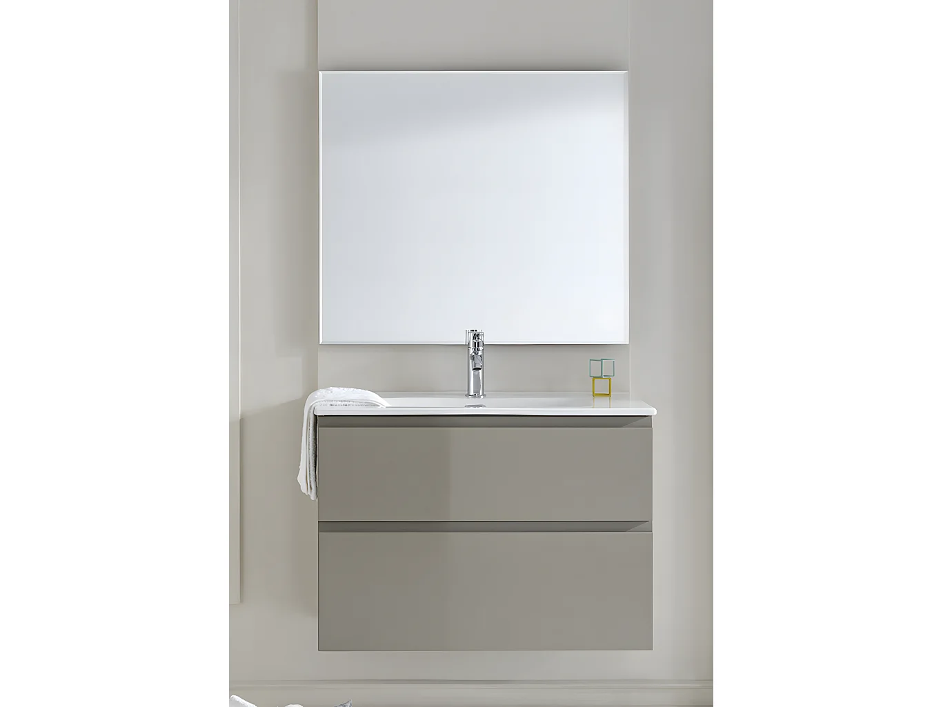 Meuble de salle de bain avec 2 tiroirs suspendus taupe brillant avec plan moulé + miroir - Longueur 80 x Hauteur 56 x Profondeur 46 cm