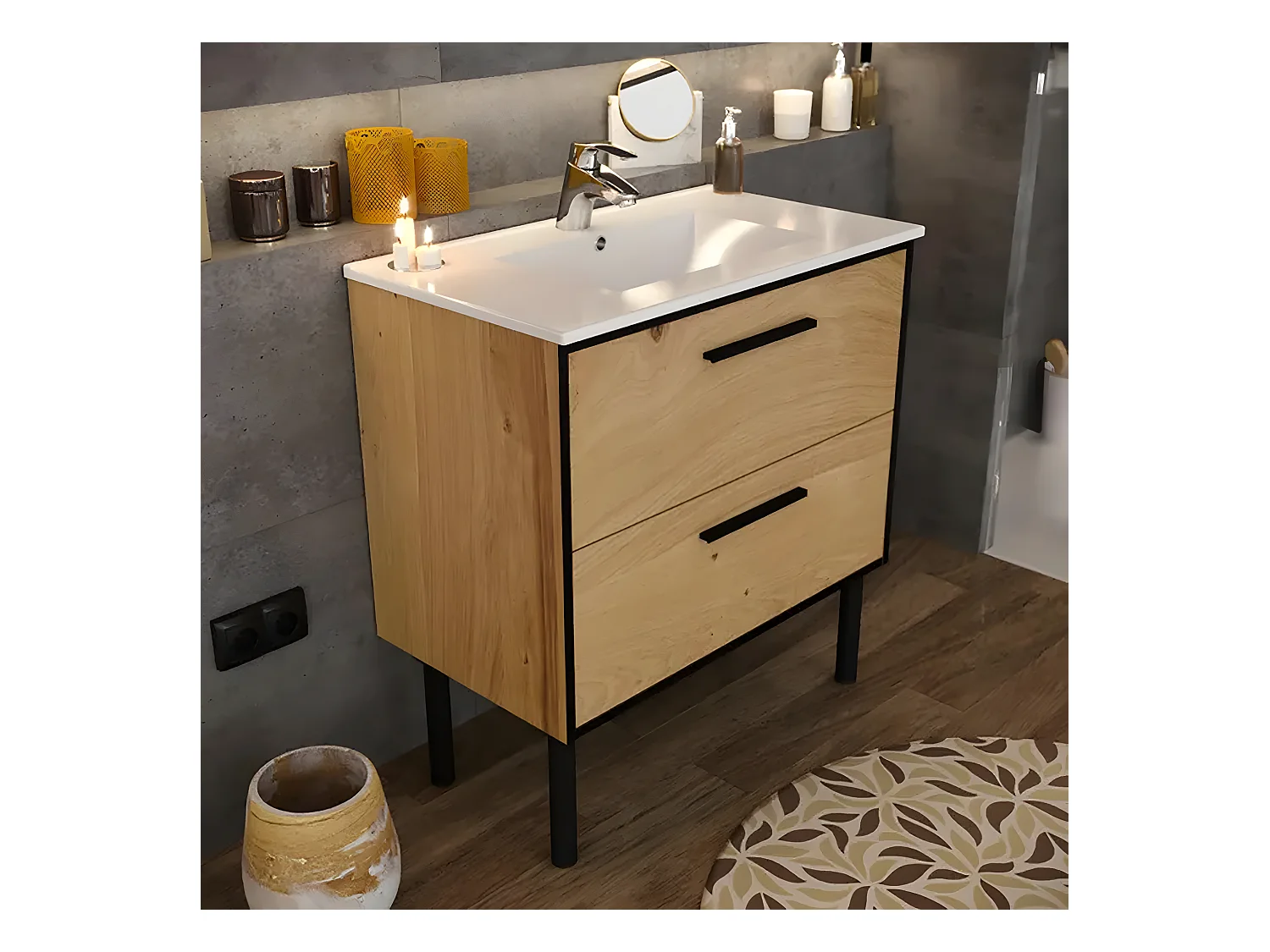 Meuble de salle de bain en placage chêne coloris naturel / noir - Longueur 81 x profondeur 47 x Hauteur 87 cm