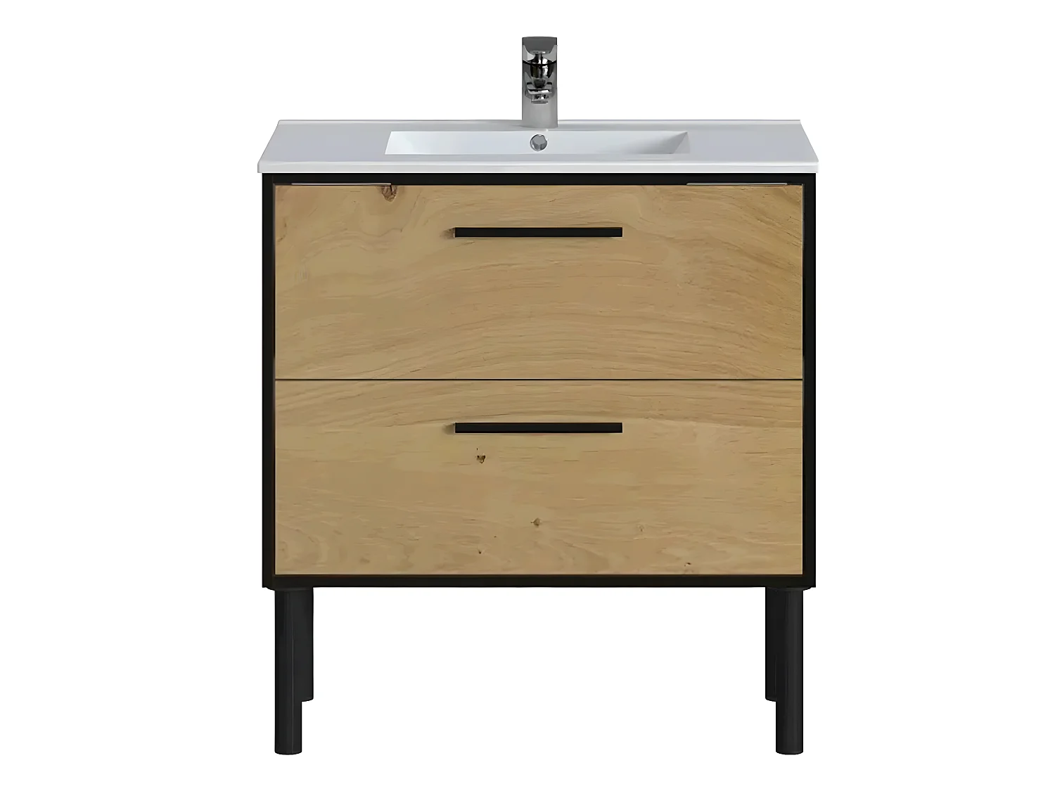 Meuble de salle de bain en placage chêne coloris naturel / noir - Longueur 81 x profondeur 47 x Hauteur 87 cm