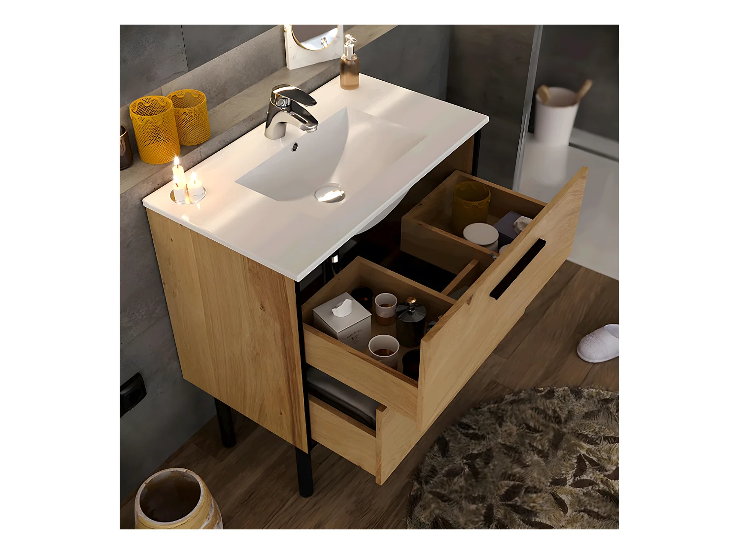 Meuble de salle de bain en placage chêne coloris naturel / noir - Longueur 81 x profondeur 47 x Hauteur 87 cm