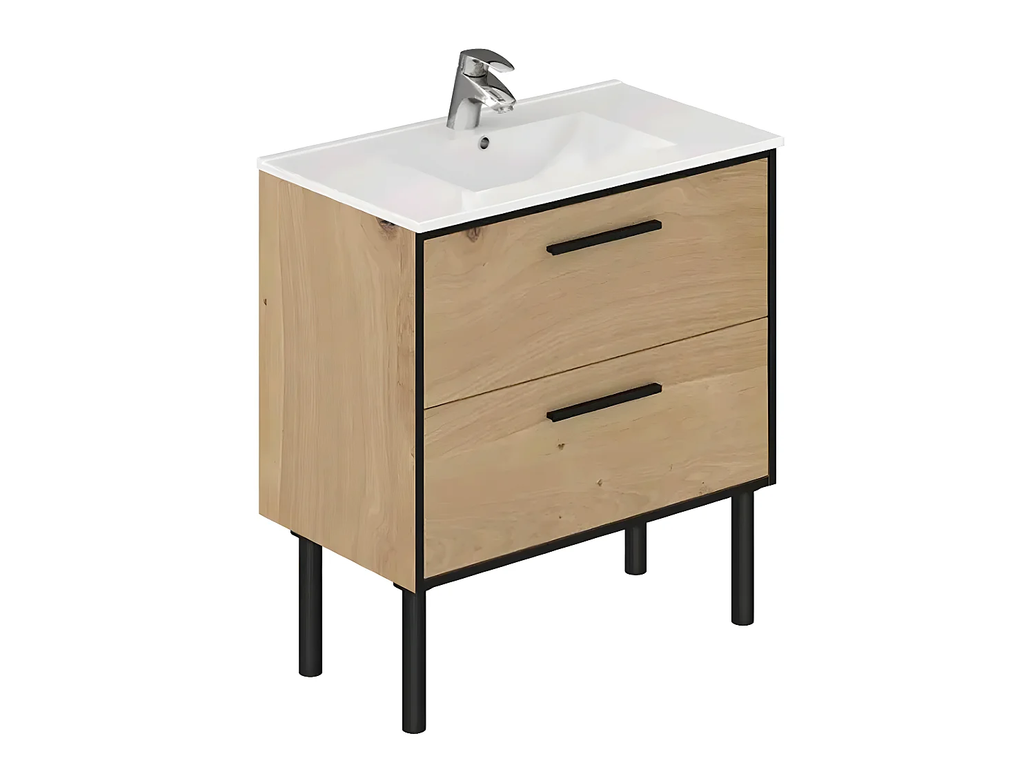 Meuble de salle de bain en placage chêne coloris naturel / noir - Longueur 81 x profondeur 47 x Hauteur 87 cm