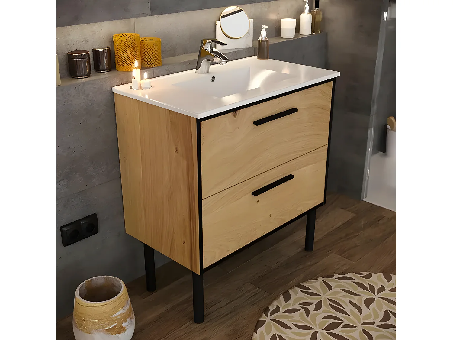 Meuble de salle de bain en placage chêne coloris naturel / noir - Longueur 81 x profondeur 47 x Hauteur 87 cm