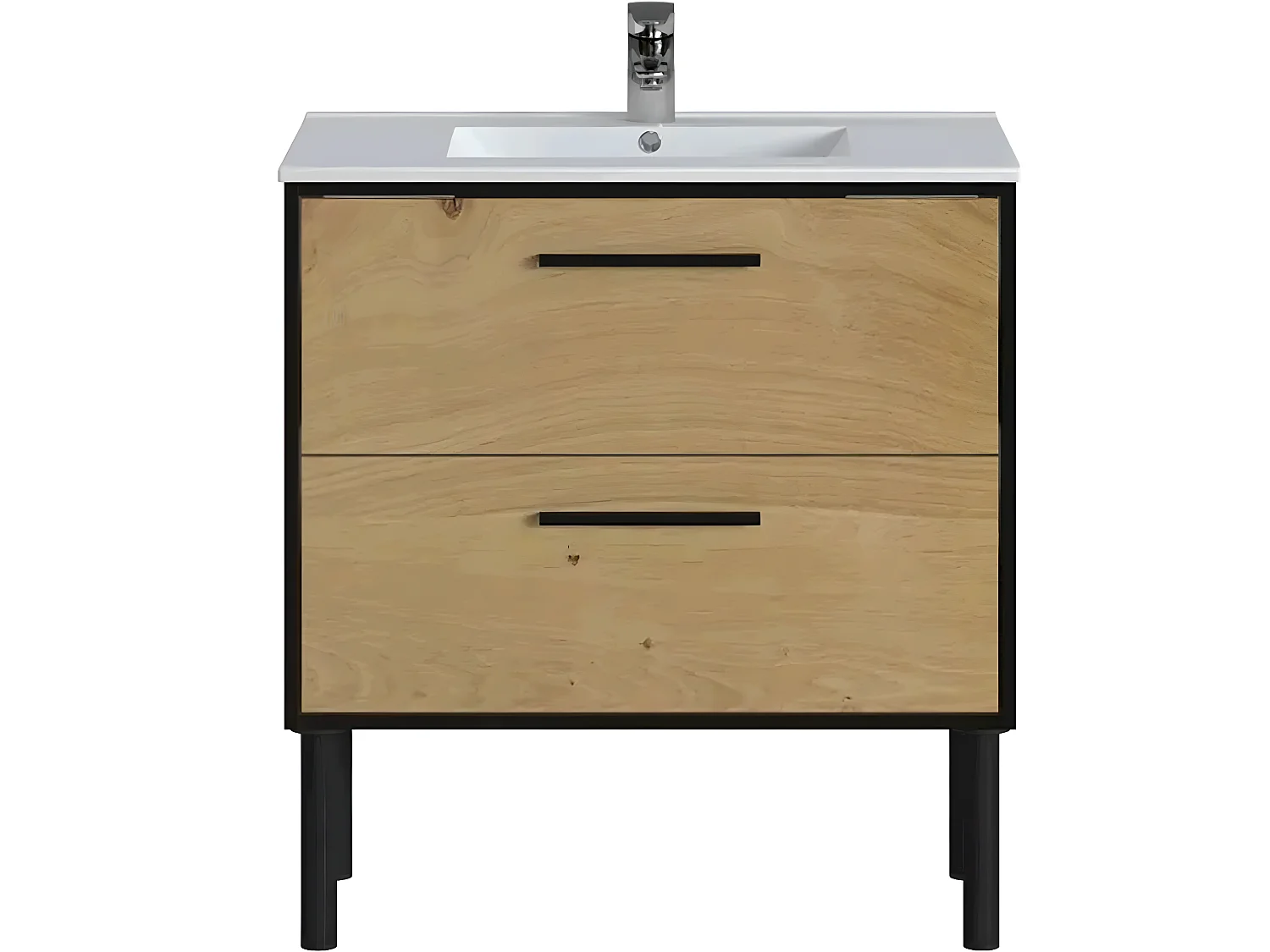 Meuble de salle de bain en placage chêne coloris naturel / noir - Longueur 81 x profondeur 47 x Hauteur 87 cm