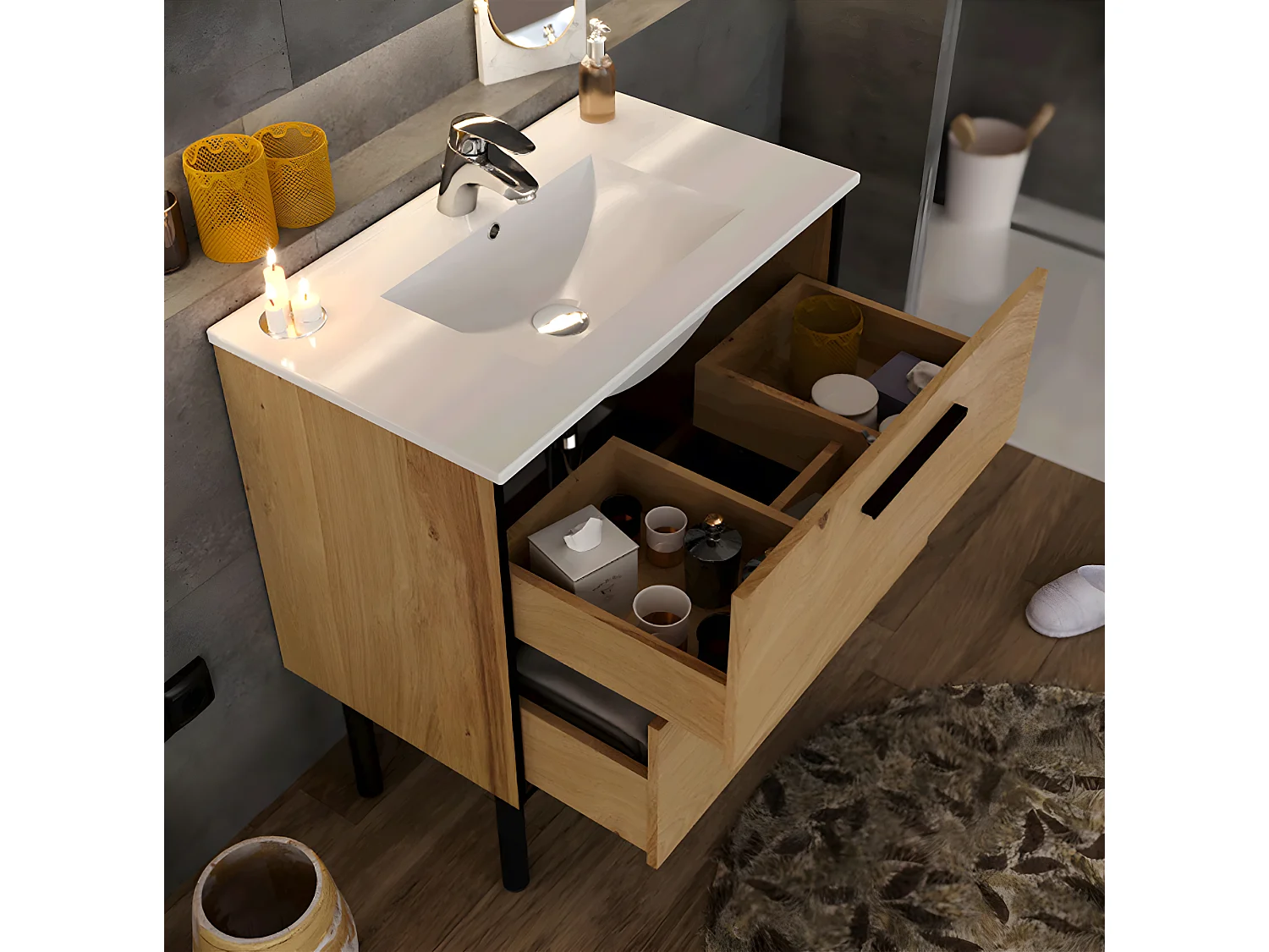 Meuble de salle de bain en placage chêne coloris naturel / noir - Longueur 81 x profondeur 47 x Hauteur 87 cm