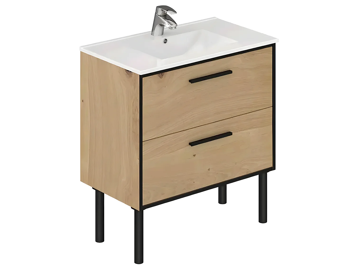 Meuble de salle de bain en placage chêne coloris naturel / noir - Longueur 81 x profondeur 47 x Hauteur 87 cm