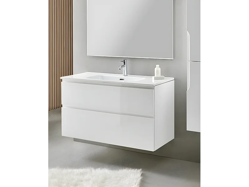 Meuble de salle de bain avec 2 tiroirs suspendus blanc avec plan moulé + miroir - Longueur 100 x Hauteur 56 x Profondeur 46 cm