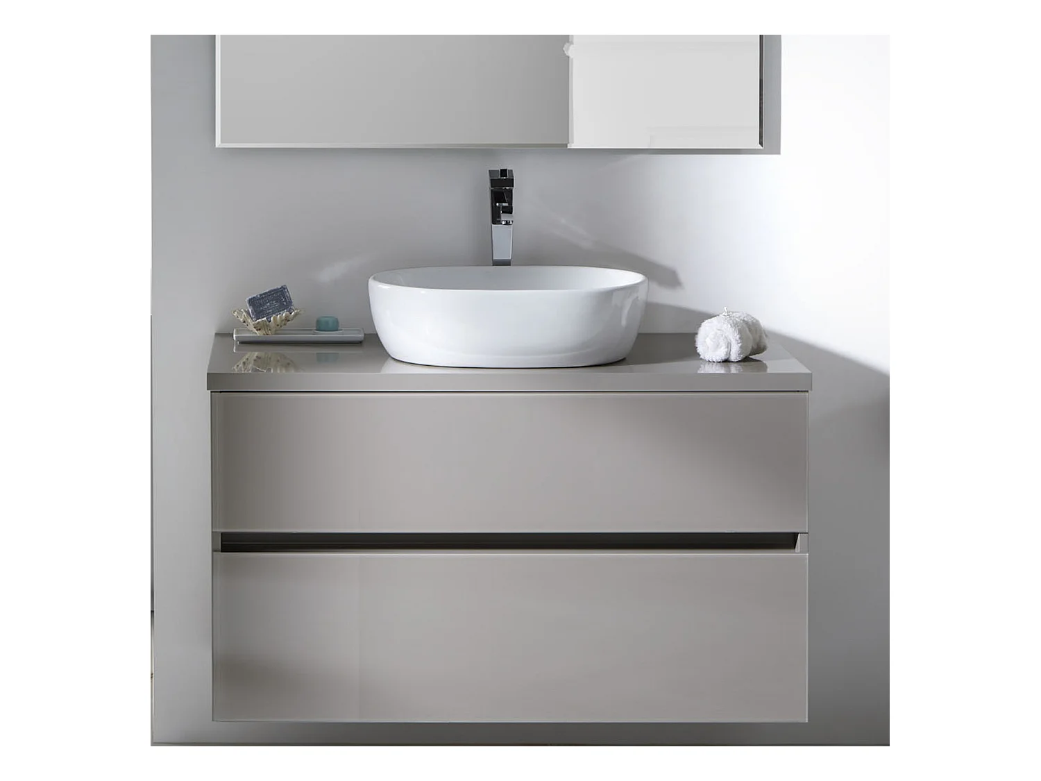 Meuble de salle de bain coloris taupe avec vasque à poser en céramique - Longueur 100 x Profondeur 46 x Hauteur 56 cm