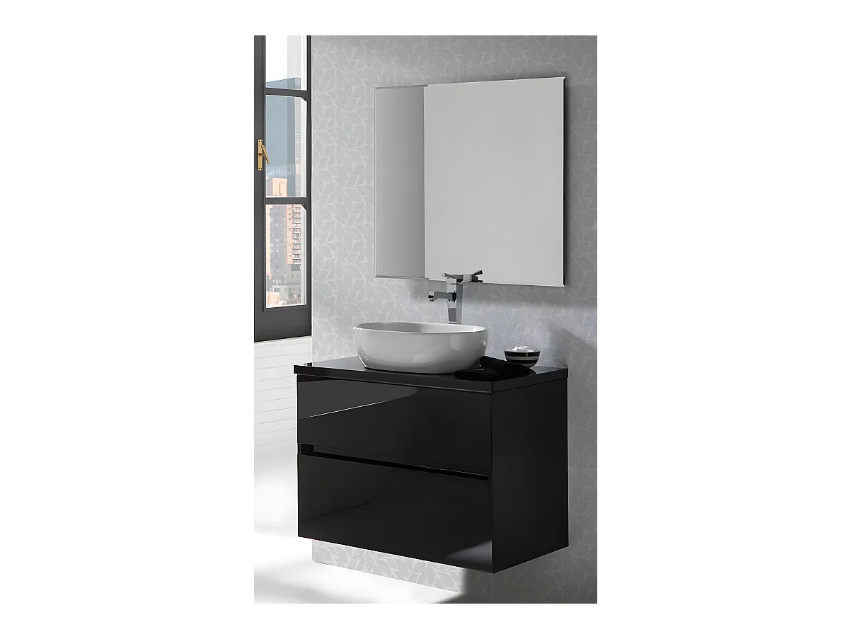 Meuble de salle de bain coloris noir avec Vasque à poser en céramique blanc brillant + miroir - Longueur 60 x Profondeur 46 x Hauteur 56 cm