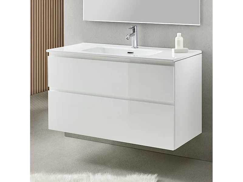 Meuble de salle de bain avec 2 tiroirs suspendus blanc avec plan moulé - Longueur 60 x Hauteur 56 x Profondeur 46 cm