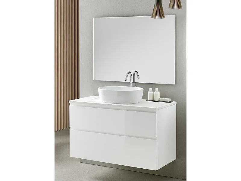 Meuble de salle de bain avec 2 tiroirs suspendus avec plan Marbre Blanc + vasque à poser + miroir - Longueur 100 x Hauteur 56 x Profondeur 46 cm