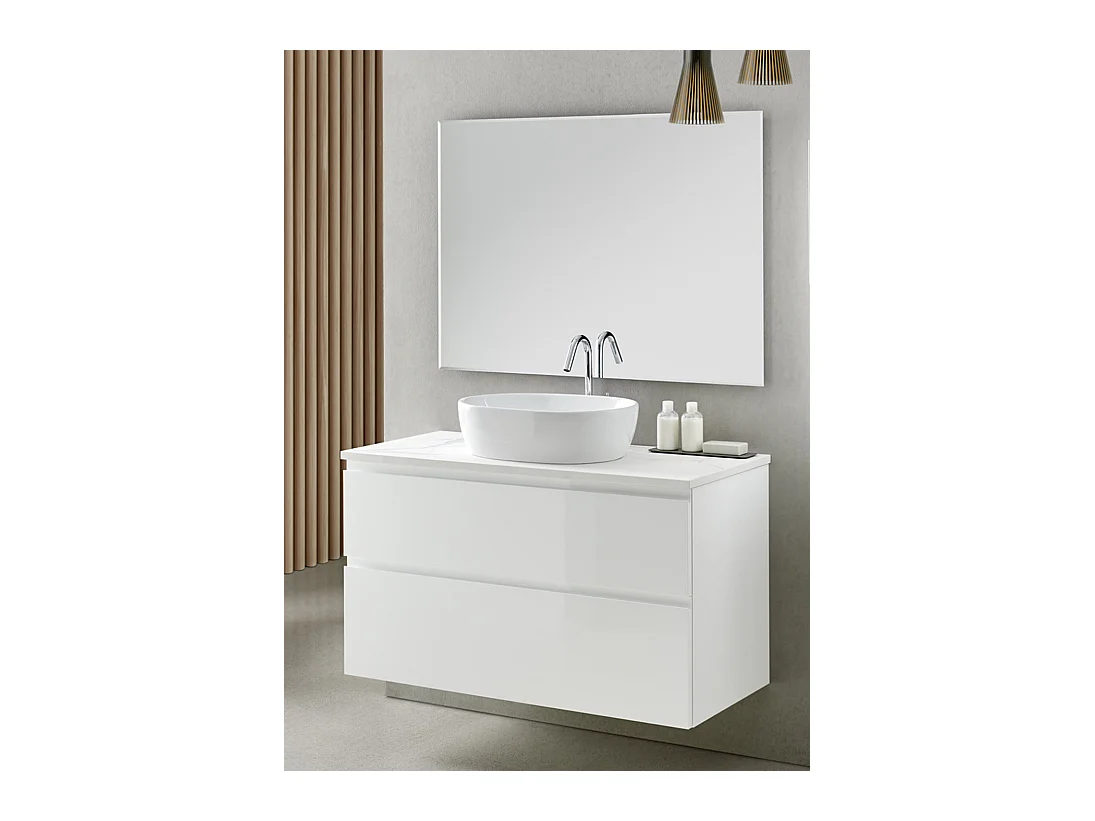 Meuble de salle de bain avec 2 tiroirs suspendus avec plan Marbre Blanc + vasque à poser + miroir - Longueur 100 x Hauteur 56 x Profondeur 46 cm