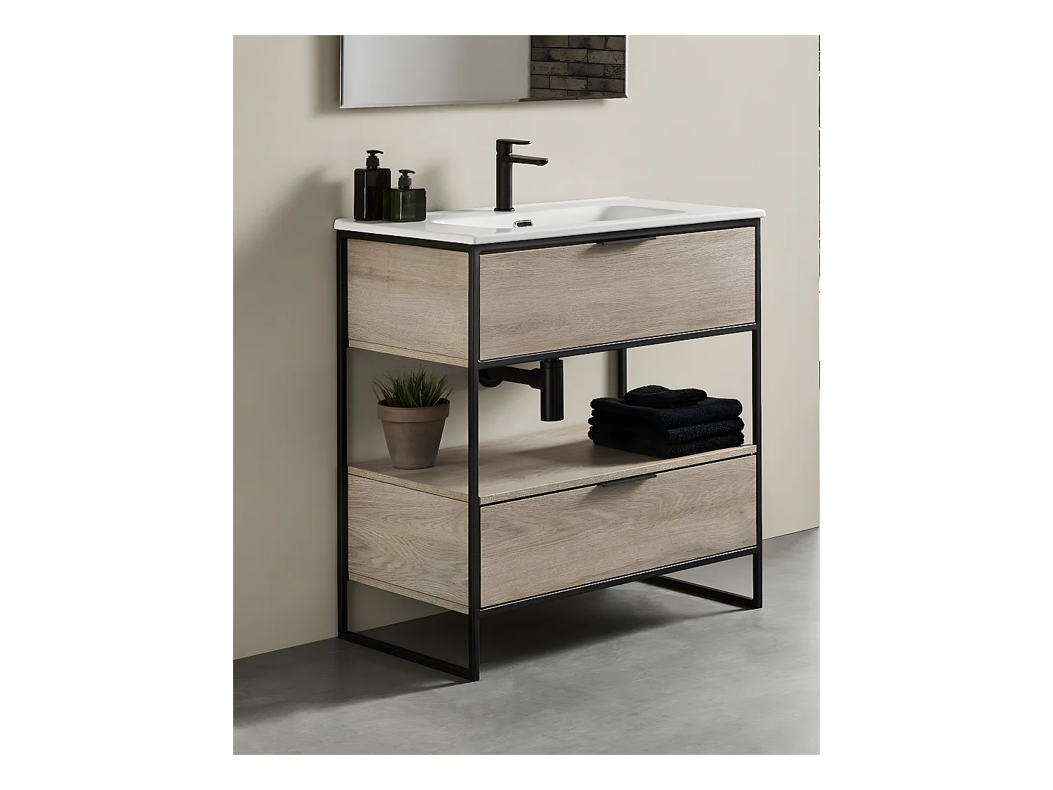 Meuble de salle de bain avec 2 tiroirs couleur chêne nordique avec plan moulé couleur chêne nordique - Longueur 60 x Hauteur 85 x Profondeur 46 cm