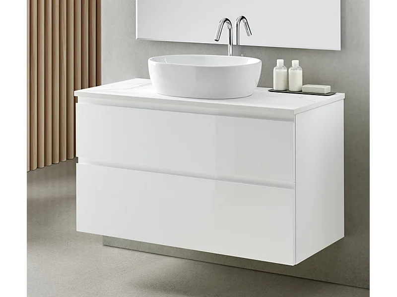Meuble de salle de bain avec 2 tiroirs suspendus avec plan Marbre Blanc + vasque à poser - Longueur 100 x Hauteur 56 x Profondeur 46 cm