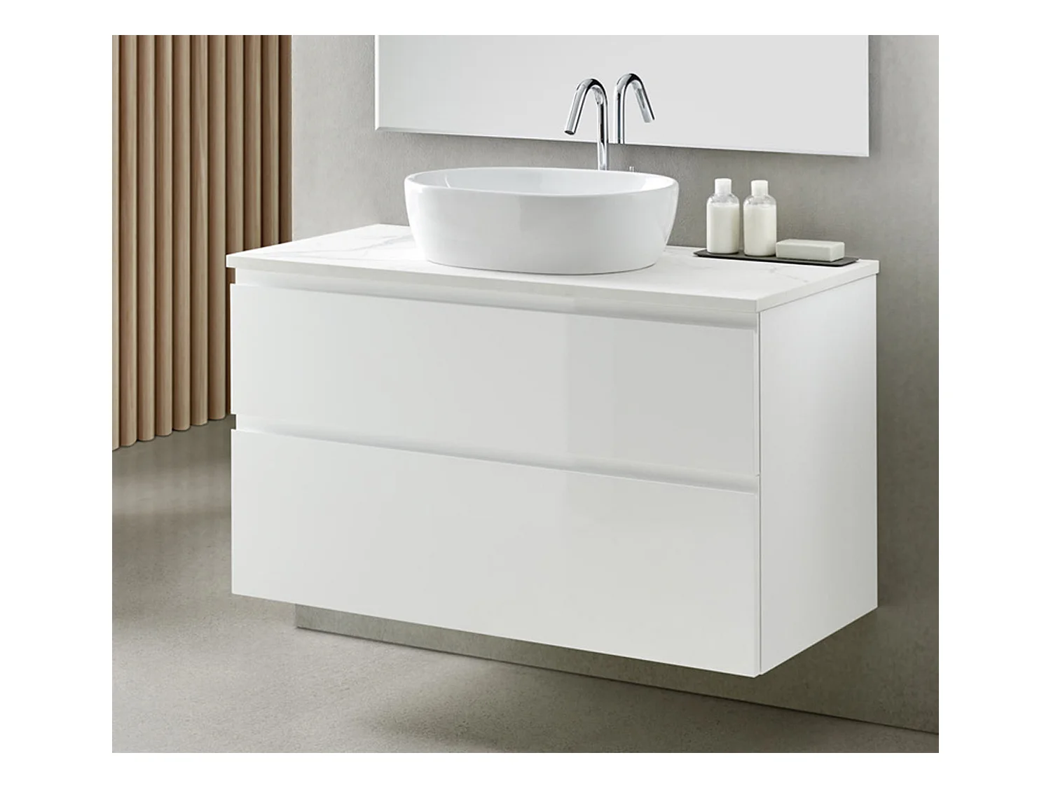 Meuble de salle de bain avec 2 tiroirs suspendus avec plan Marbre Blanc + vasque à poser - Longueur 100 x Hauteur 56 x Profondeur 46 cm