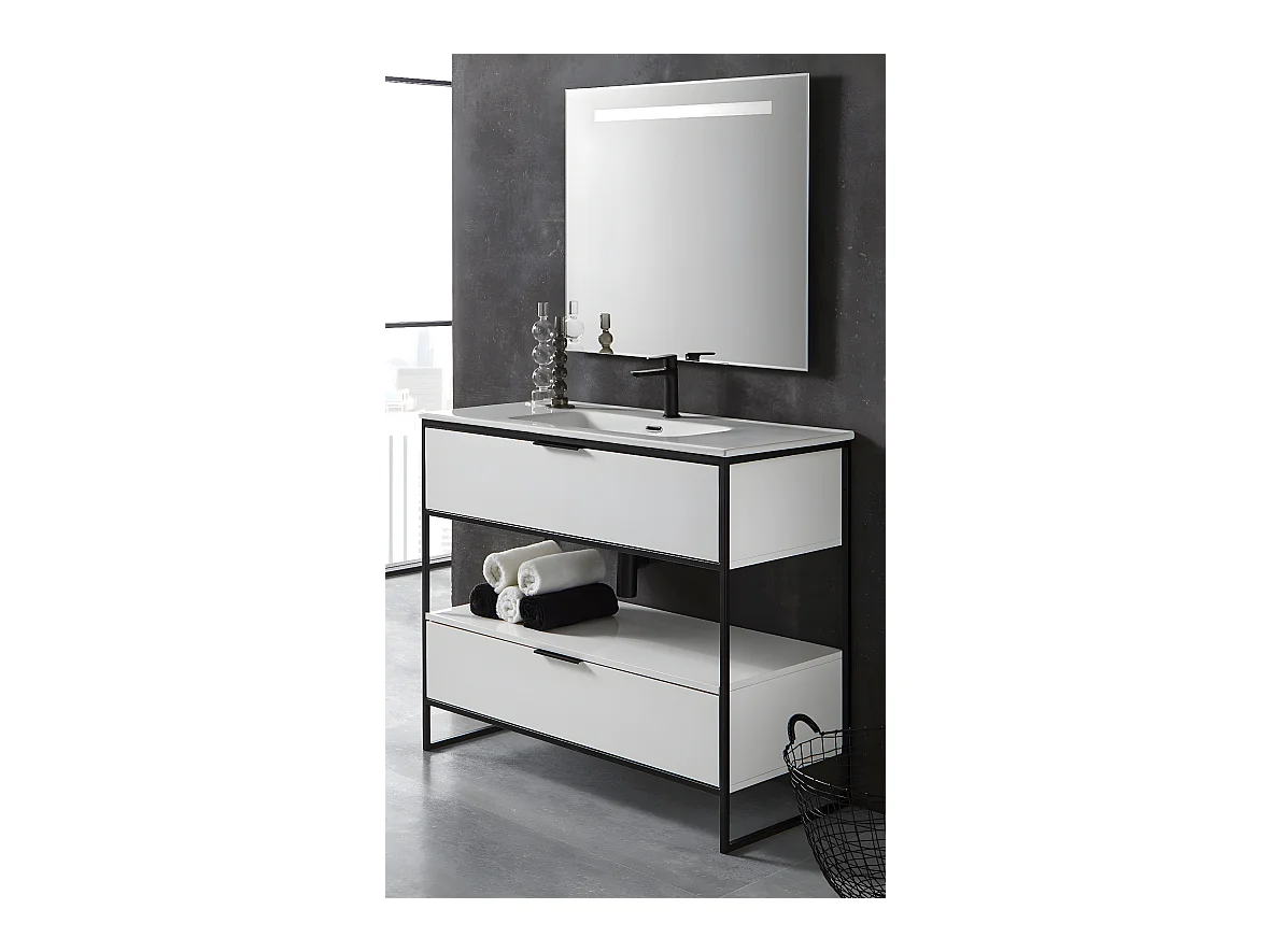 Meuble de salle de bain avec 2 tiroirs blanc brillant avec plan moulé + miroir - Longueur 100 x Hauteur 85 x Profondeur 46 cm