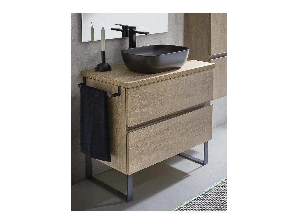 Meuble de salle de bain avec 2 tiroirs couleur chêne nordique + vasque à poser - Longueur 100 x Hauteur 87,5 x Profondeur 46,5 cm