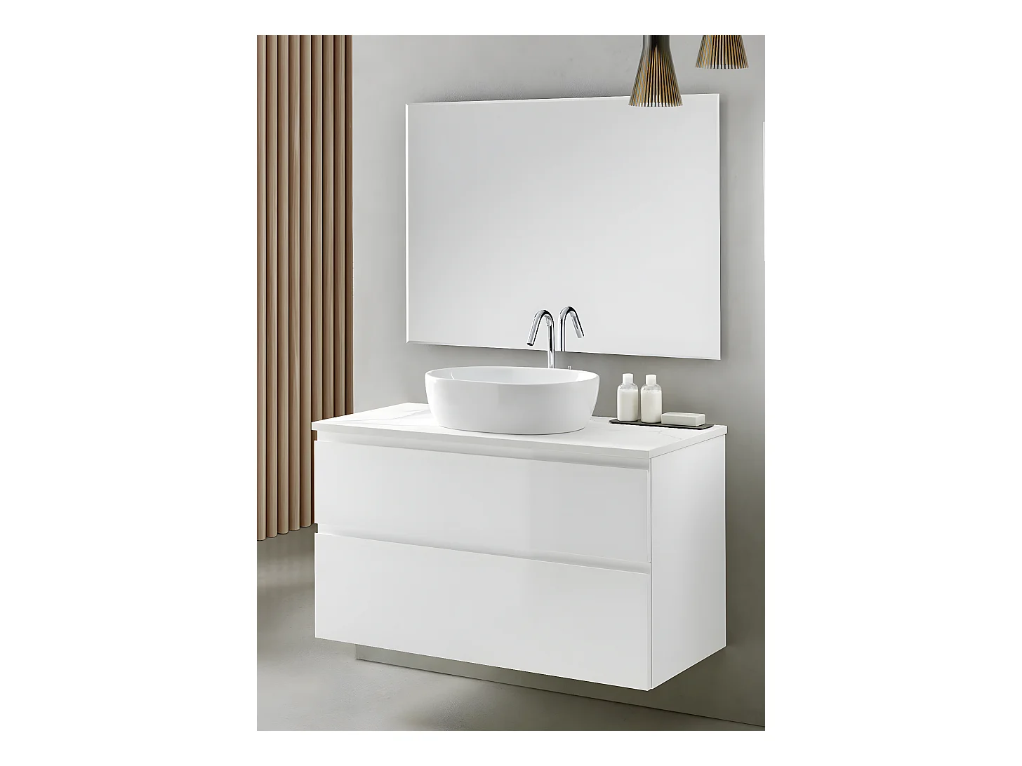 Meuble de salle de bain avec 2 tiroirs suspendus avec plan Marbre Blanc + vasque à poser + miroir - Longueur 60 x Hauteur 56 x Profondeur 46 cm