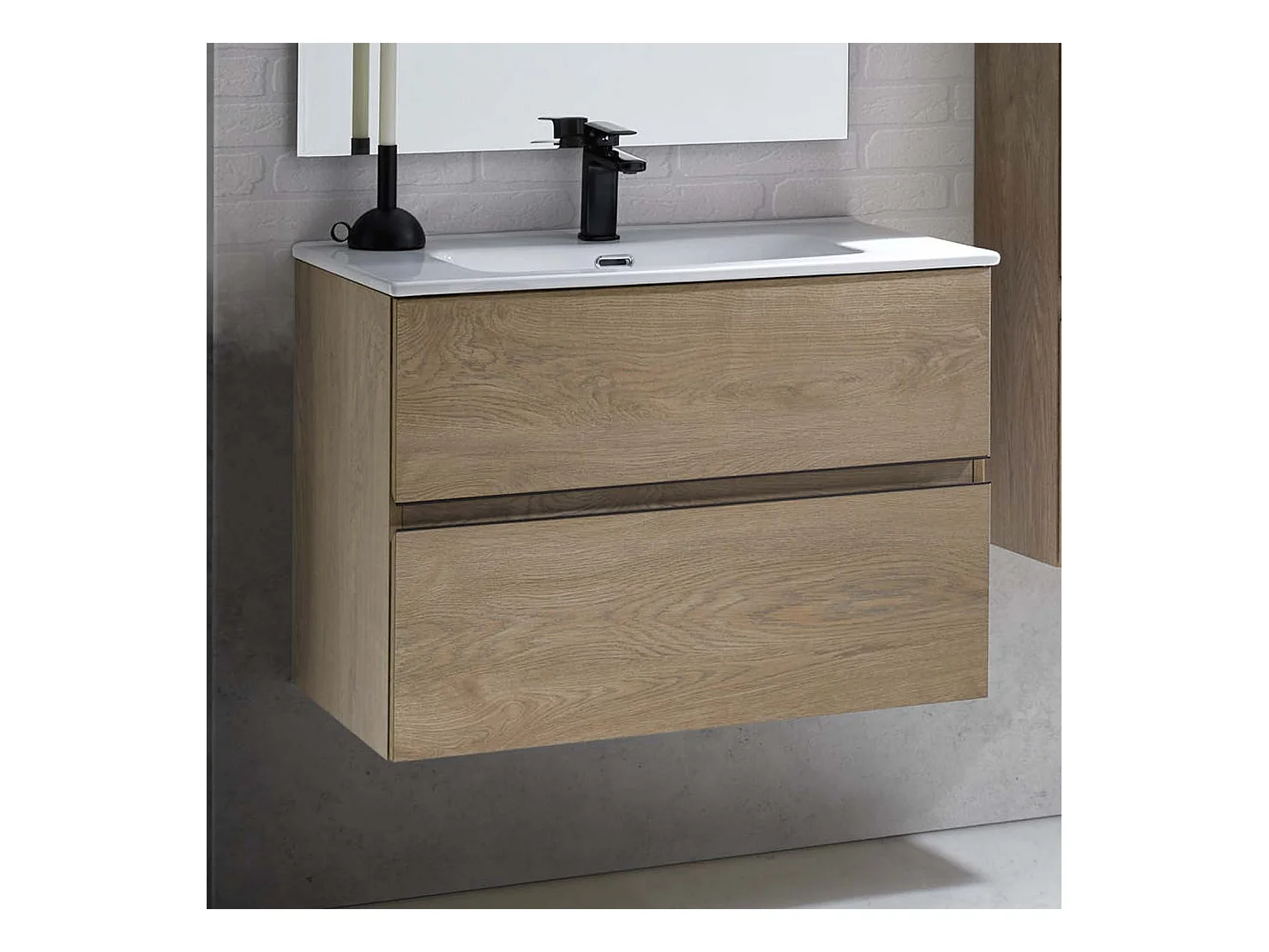 Meuble de salle de bain avec 2 tiroirs suspendus couleur chêne Nordique avec plan moulé - Longueur 100 x Hauteur 56 x Profondeur 46 cm