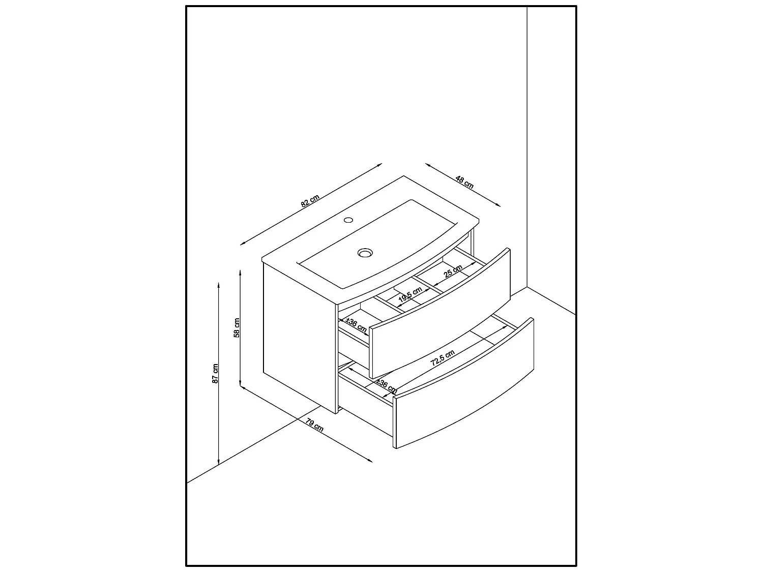 Meuble de salle de bain en mélamine coloris placage chêne - Longueur 81 x profondeur 46 x Hauteur 85 cm