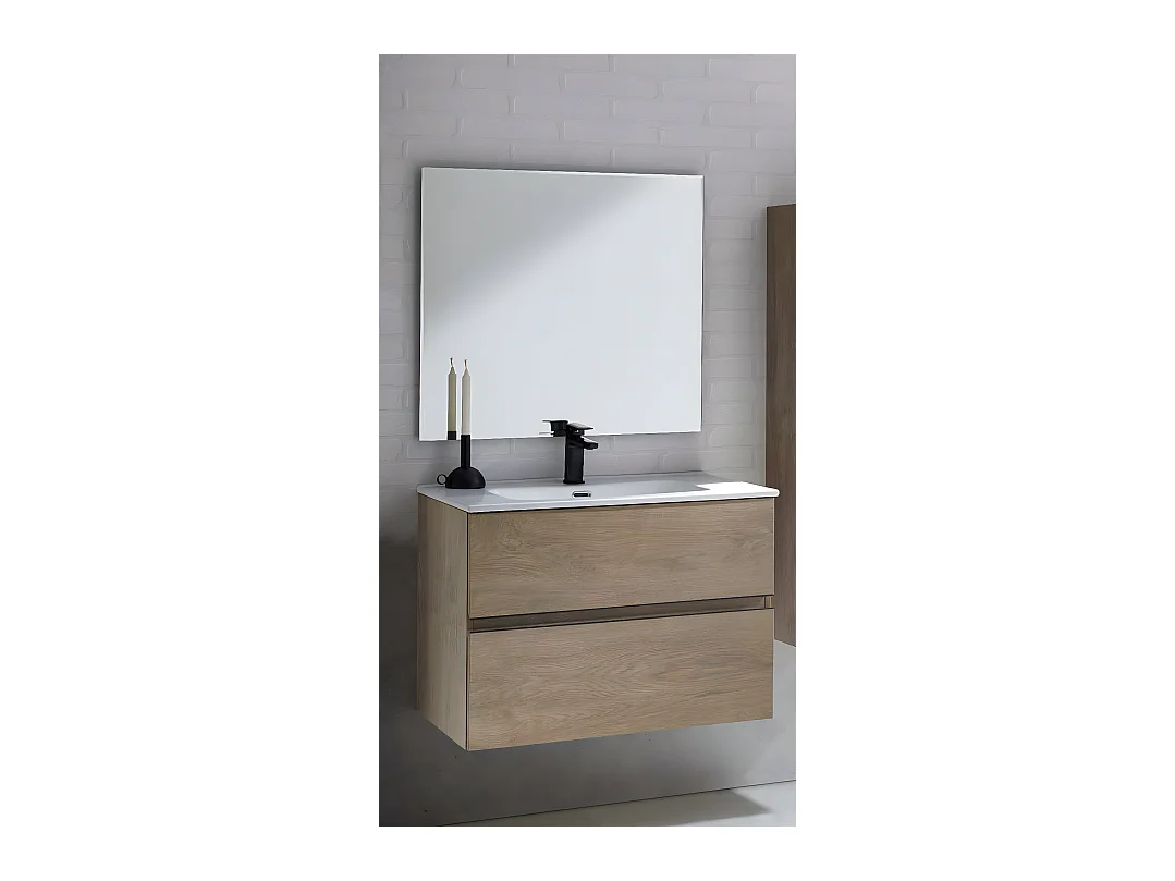 Meuble de salle de bain avec 2 tiroirs suspendus couleur chêne Nordique avec plan moulé + miroir - Longueur 60 x Hauteur 56 x Profondeur 46 cm