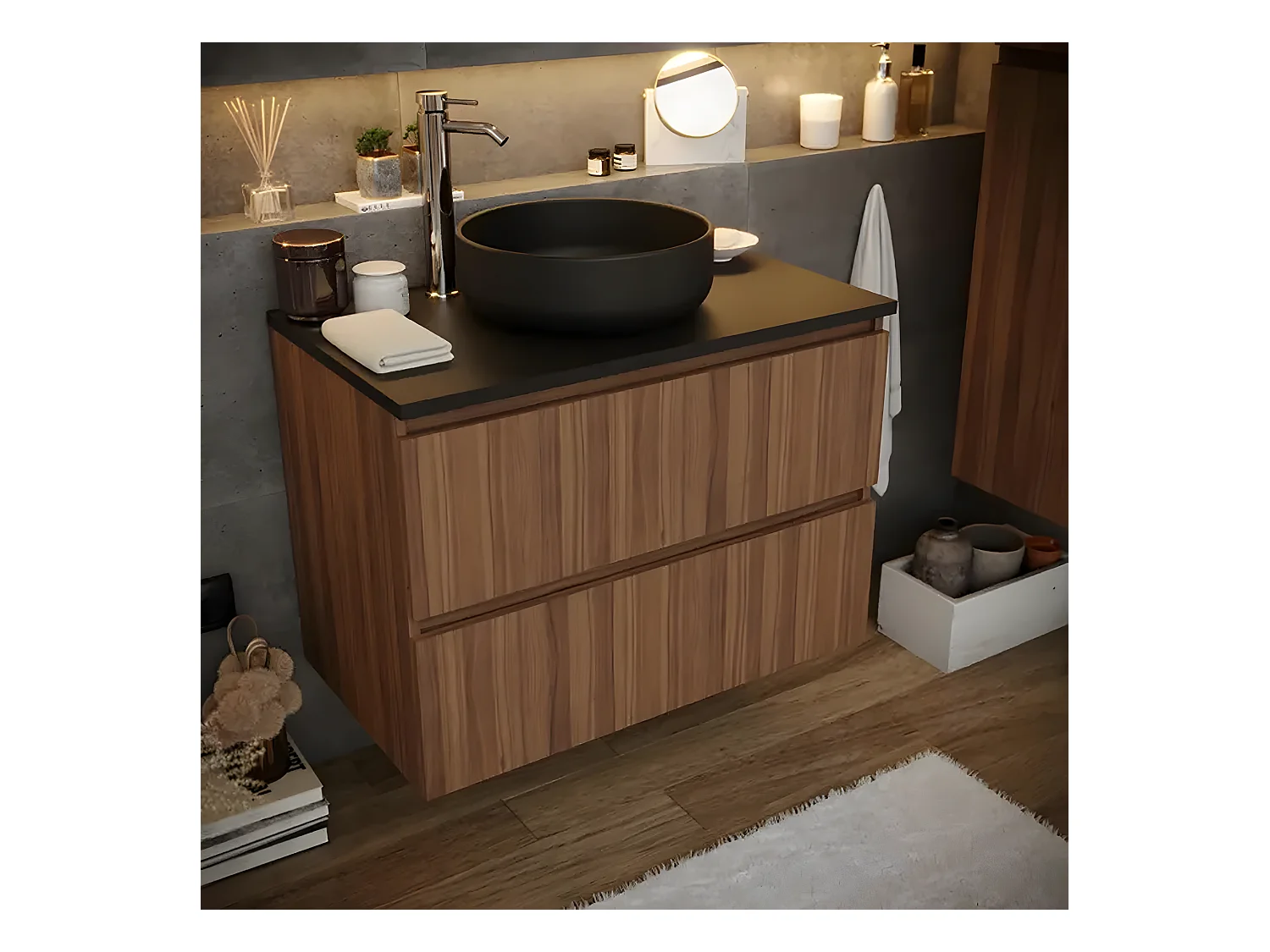 Meuble de salle de bain en placage noyer naturel - Longueur 81 x profondeur 46 x Hauteur 69 cm