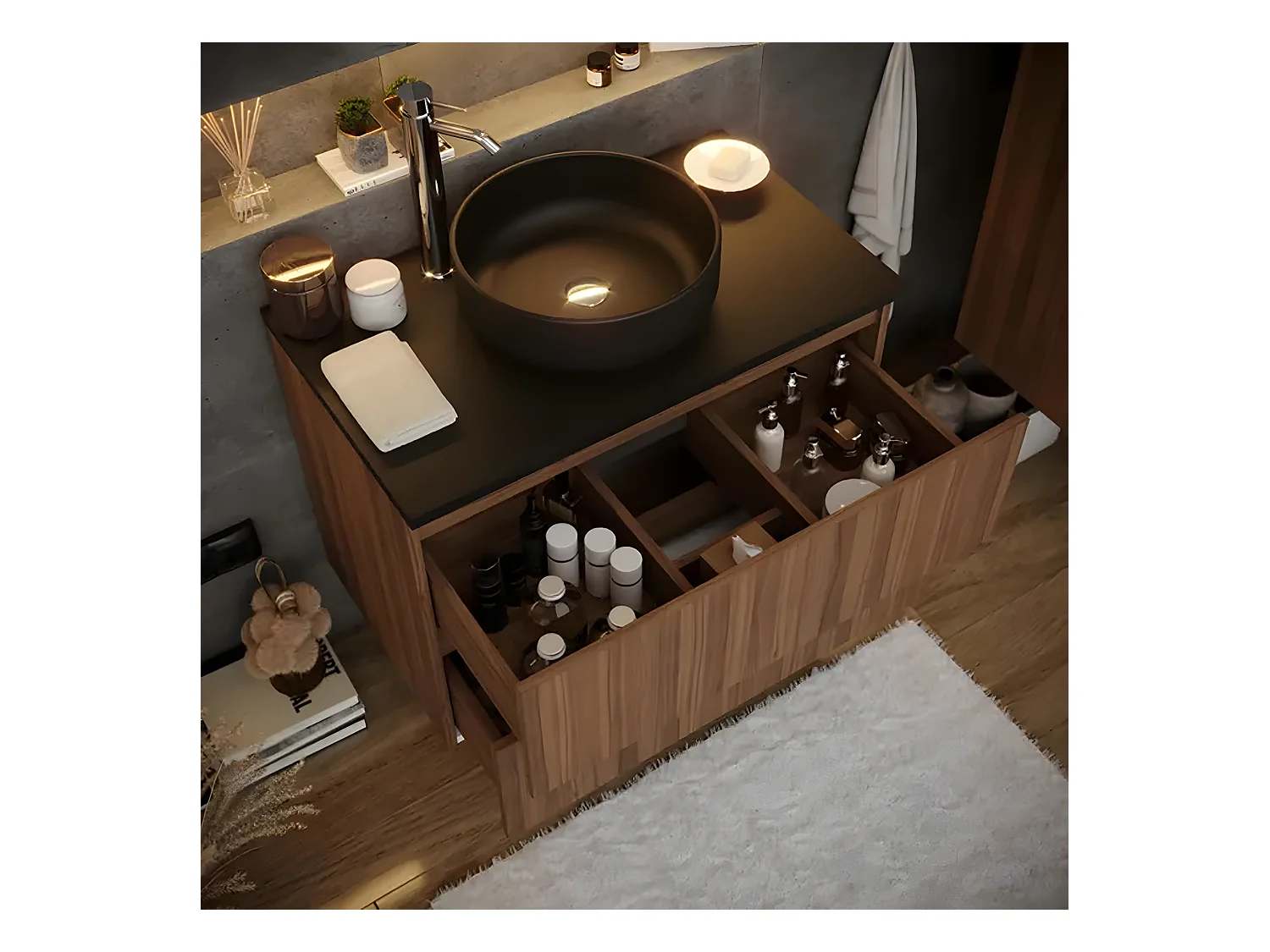 Meuble de salle de bain en placage noyer naturel - Longueur 81 x profondeur 46 x Hauteur 69 cm