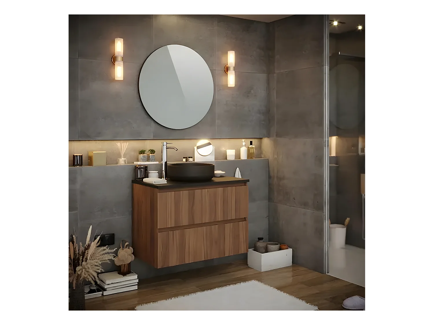 Meuble de salle de bain en placage noyer naturel - Longueur 81 x profondeur 46 x Hauteur 69 cm