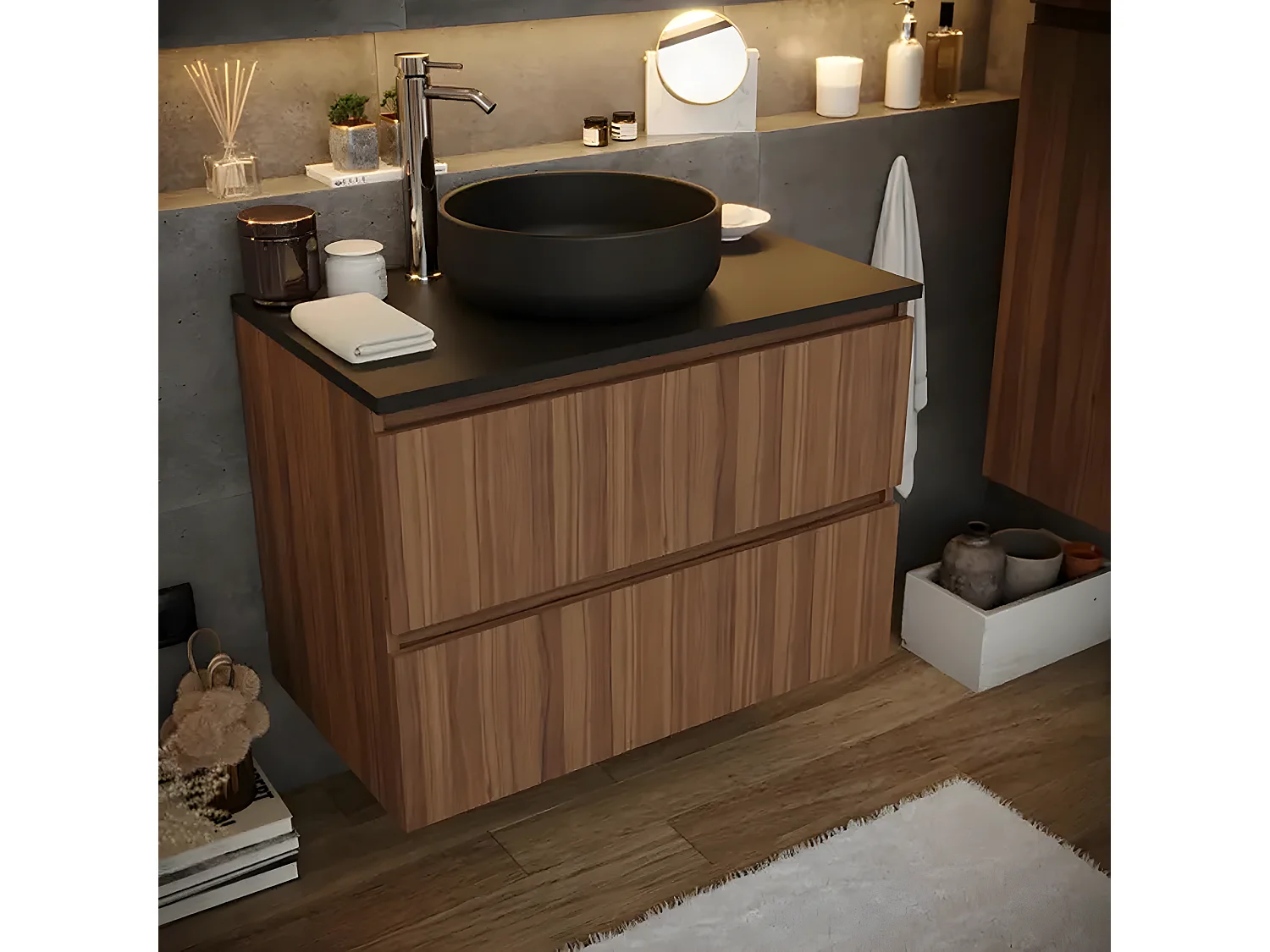 Meuble de salle de bain en placage noyer naturel - Longueur 81 x profondeur 46 x Hauteur 69 cm