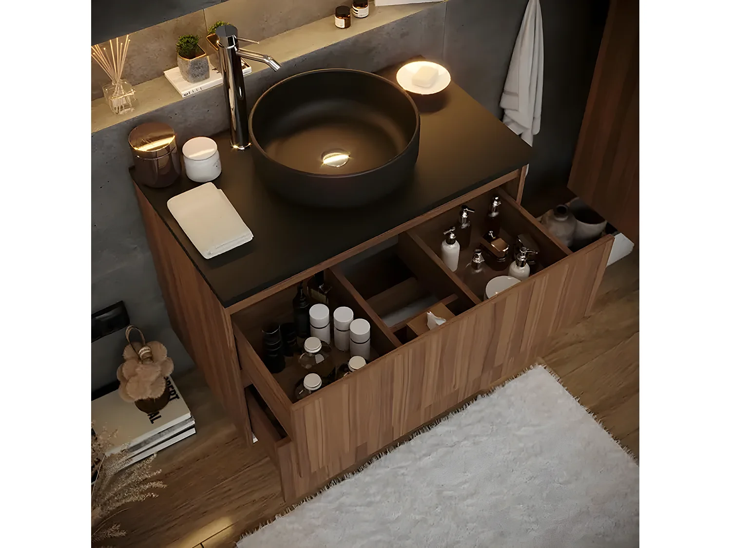 Meuble de salle de bain en placage noyer naturel - Longueur 81 x profondeur 46 x Hauteur 69 cm