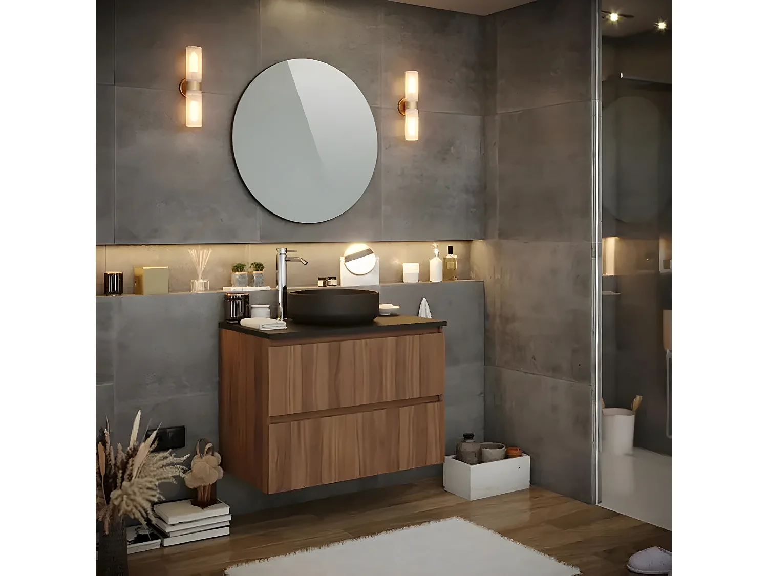 Meuble de salle de bain en placage noyer naturel - Longueur 81 x profondeur 46 x Hauteur 69 cm