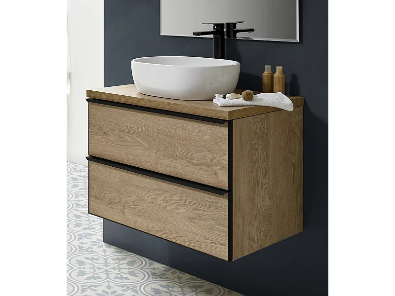 Meuble de salle de bain avec 2 tiroirs suspendus couleur chêne nordique + vasque à poser - Longueur 80 x Hauteur 50 x Profondeur 46,5 cm