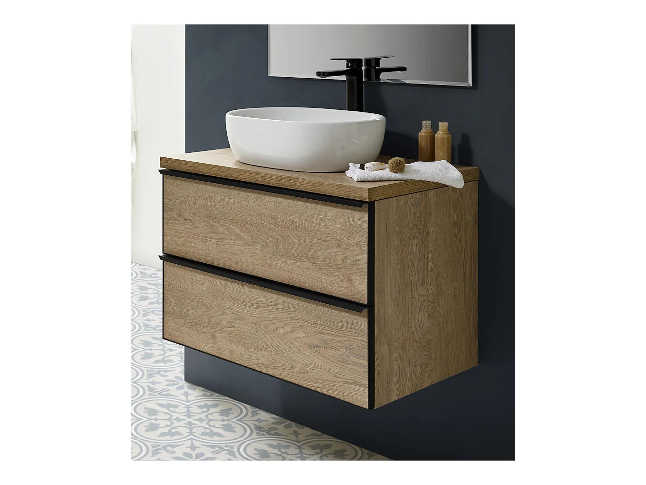 Meuble de salle de bain avec 2 tiroirs suspendus couleur chêne nordique + vasque à poser - Longueur 80 x Hauteur 50 x Profondeur 46,5 cm