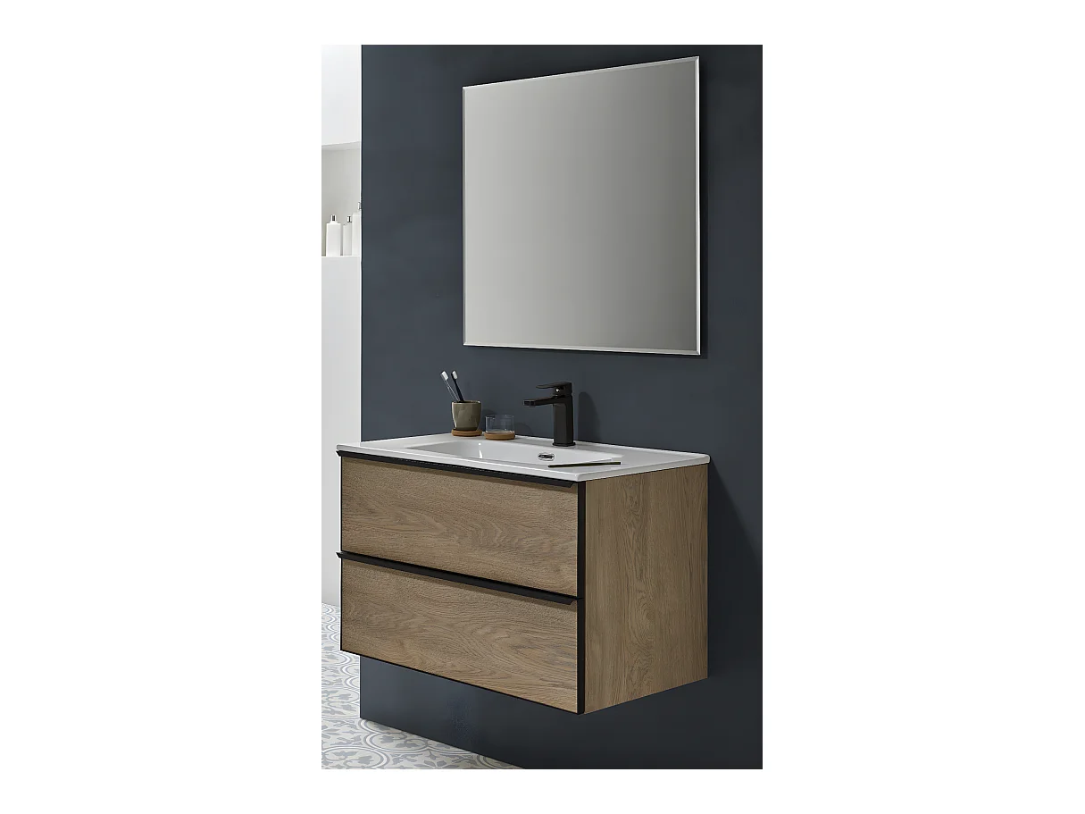 Meuble de salle de bain avec avec 2 tiroirs suspendus couleur chêne Nordique avec plan moulé + miroir - Longueur 100 x Hauteur 50 x Profondeur 46 cm