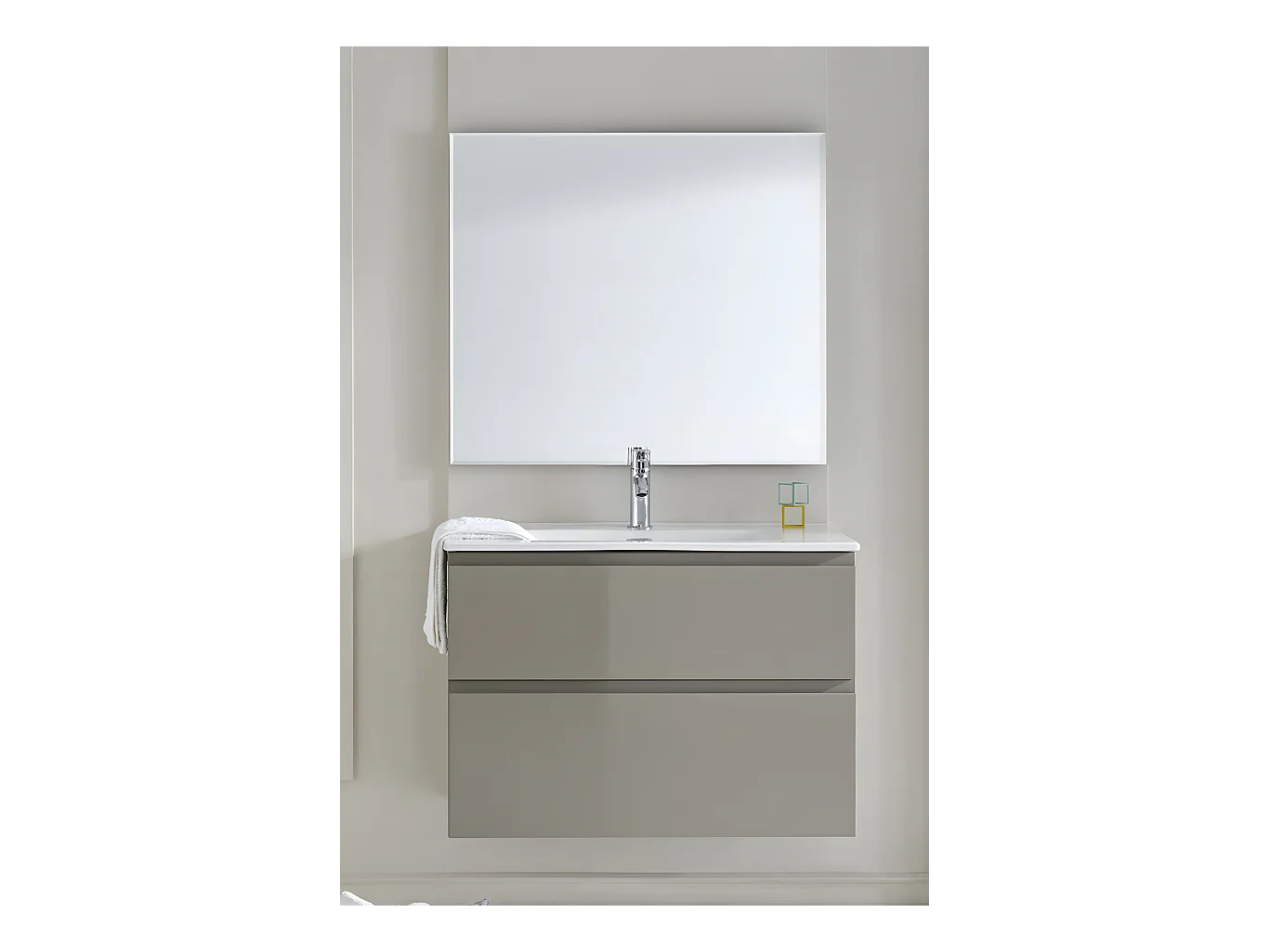 Meuble de salle de bain avec 2 tiroirs suspendus taupe brillant avec plan moulé + miroir - Longueur 100 x Hauteur 56 x Profondeur 46 cm