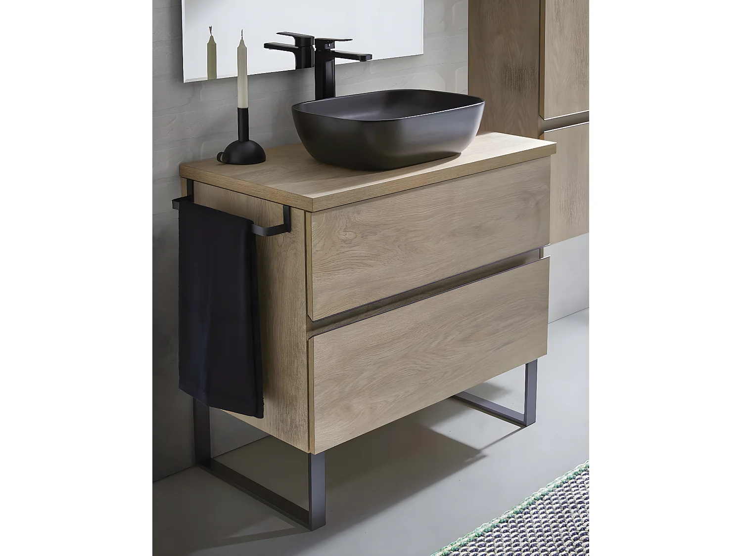 Meuble de salle de bain avec 2 tiroirs couleur chêne nordique + vasque à poser - Longueur 80 x Hauteur 87,5 x Profondeur 46,5 cm