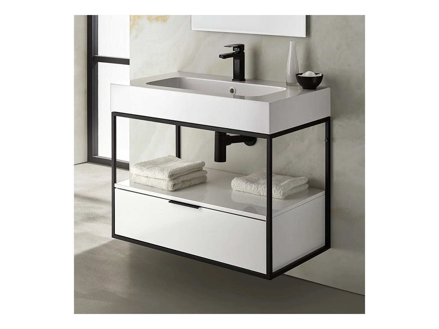 Meuble de salle de bain avec 1 tiroir suspendu blanc brillant avec plan moulé - Longueur 60 x Hauteur 54 x Profondeur 46 cm