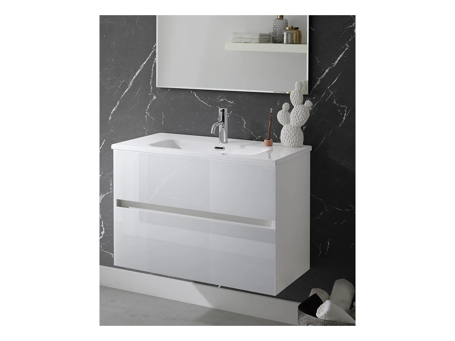 Meuble de salle de bain coloris blanc avec vasque moulée en céramique - Longueur 100 x Profondeur 46 x Hauteur 56 cm
