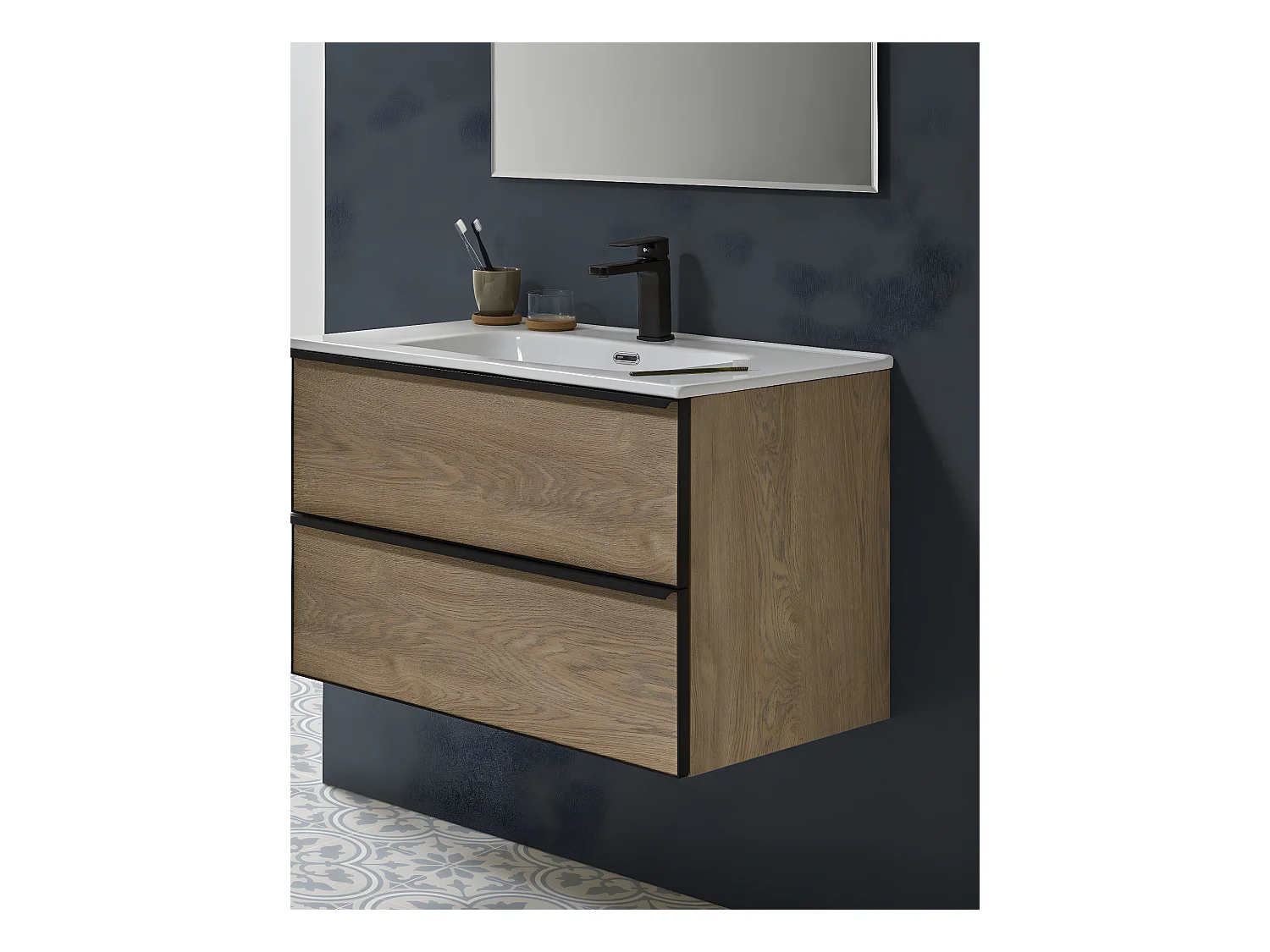 Meuble de salle de bain avec avec 2 tiroirs suspendus couleur chêne Nordique avec plan moulé - Longueur 100 x Hauteur 50 x Profondeur 46 cm