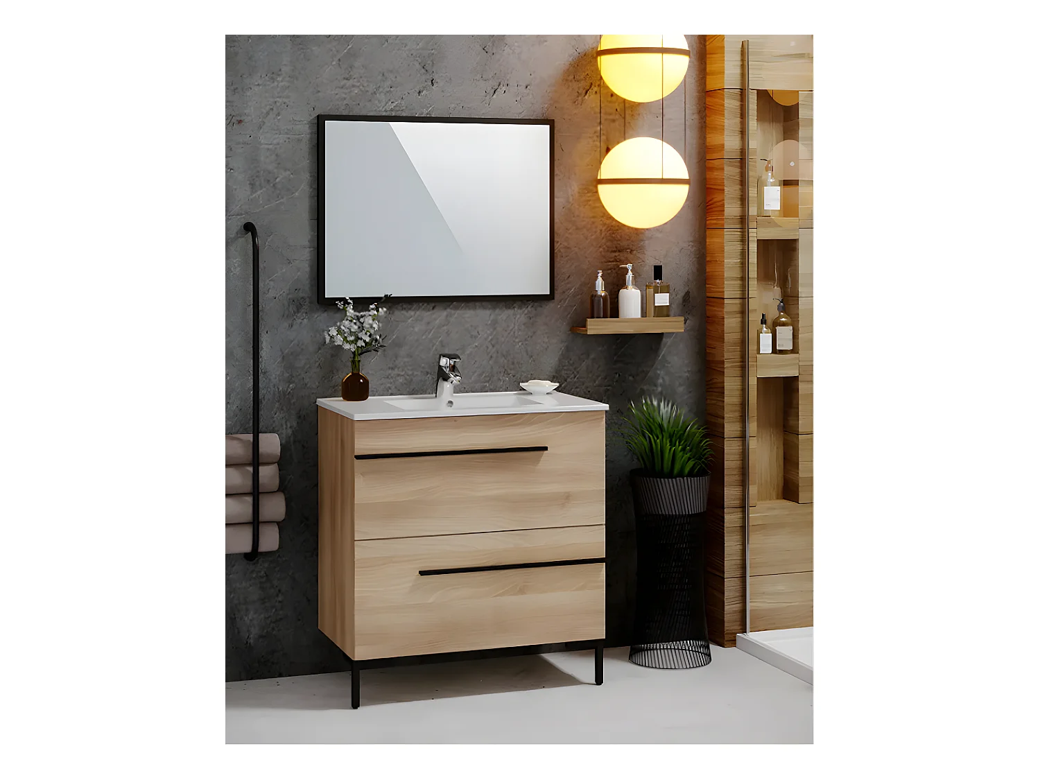 Meuble de salle de bain en mélamine coloris chêne - Longueur 80 cm