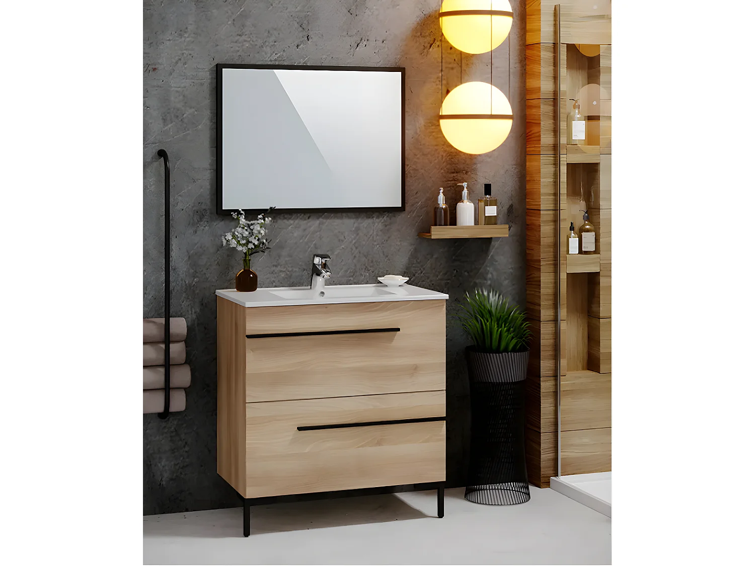 Meuble de salle de bain en mélamine coloris chêne - Longueur 80 cm