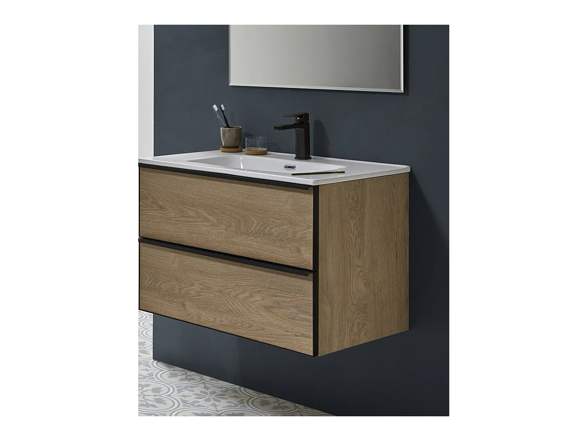 Meuble de salle de bain avec 2 tiroirs suspendus couleur chêne Nordique avec plan moulé - Longueur 60 x Hauteur 50 x Profondeur 46 cm