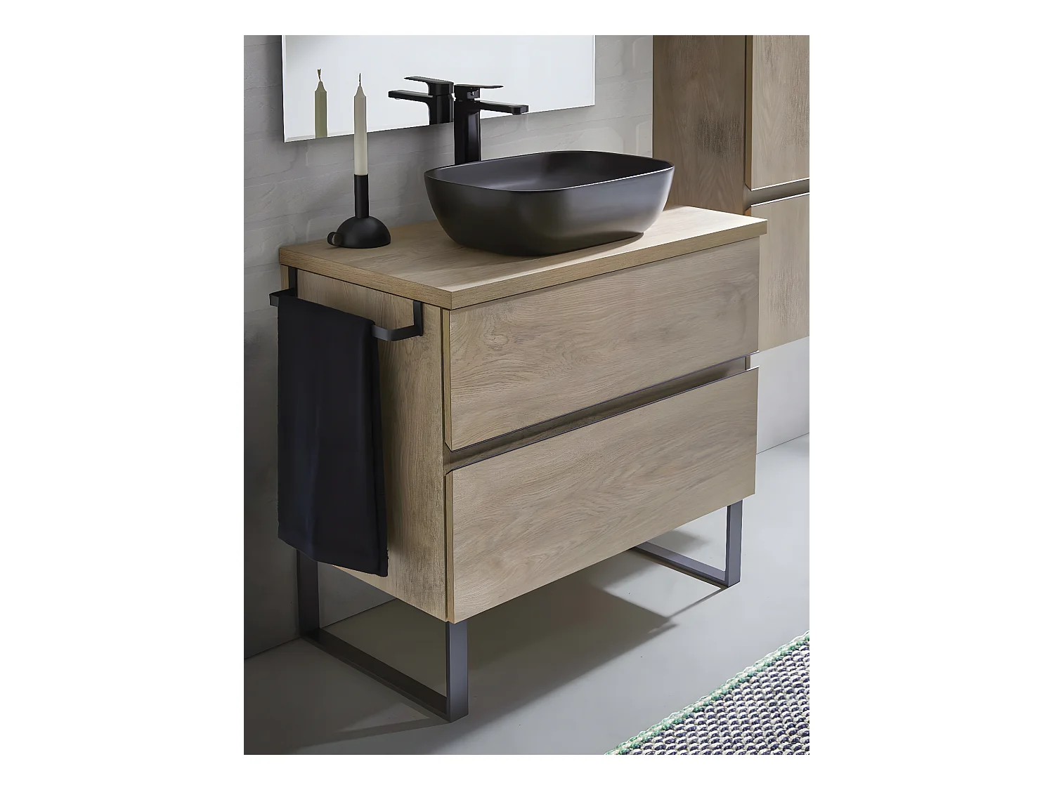 Meuble de salle de bain avec 2 tiroirs couleur chêne nordique + vasque à poser - Longueur 60 x Hauteur 87,5 x Profondeur 46,5 cm