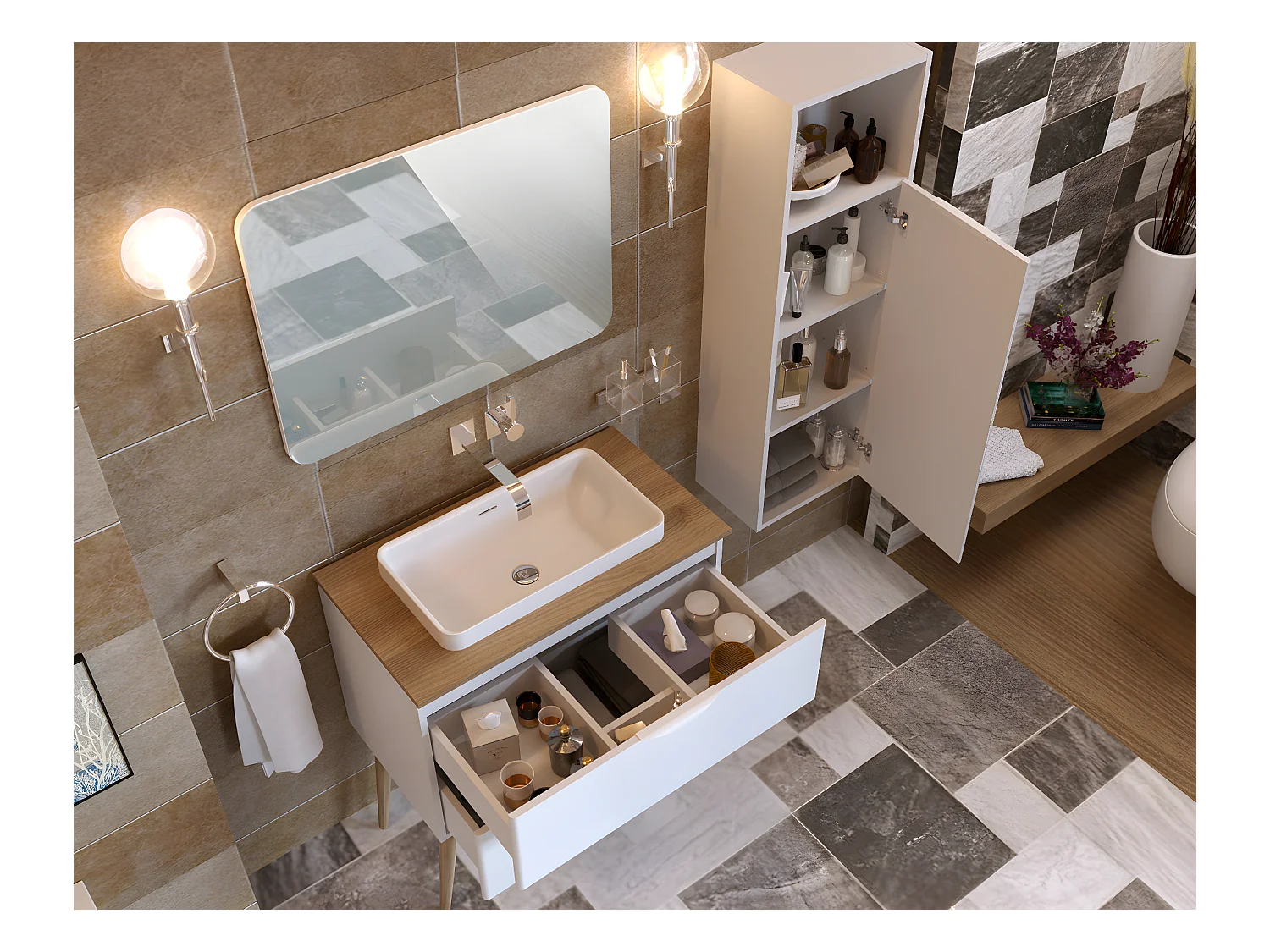 Meuble de salle de bain en mélamine coloris blanc mat laqué - Longueur 81 x profondeur 44 x Hauteur 89 cm
