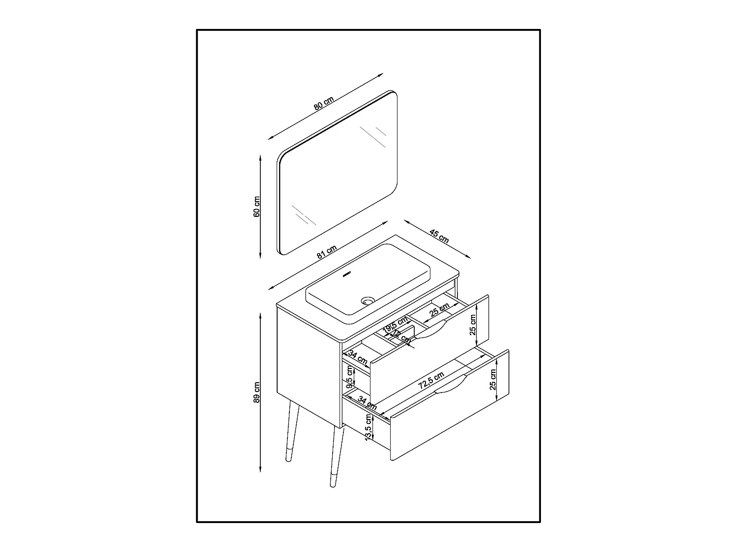 Meuble de salle de bain en mélamine coloris blanc mat laqué - Longueur 81 x profondeur 44 x Hauteur 89 cm