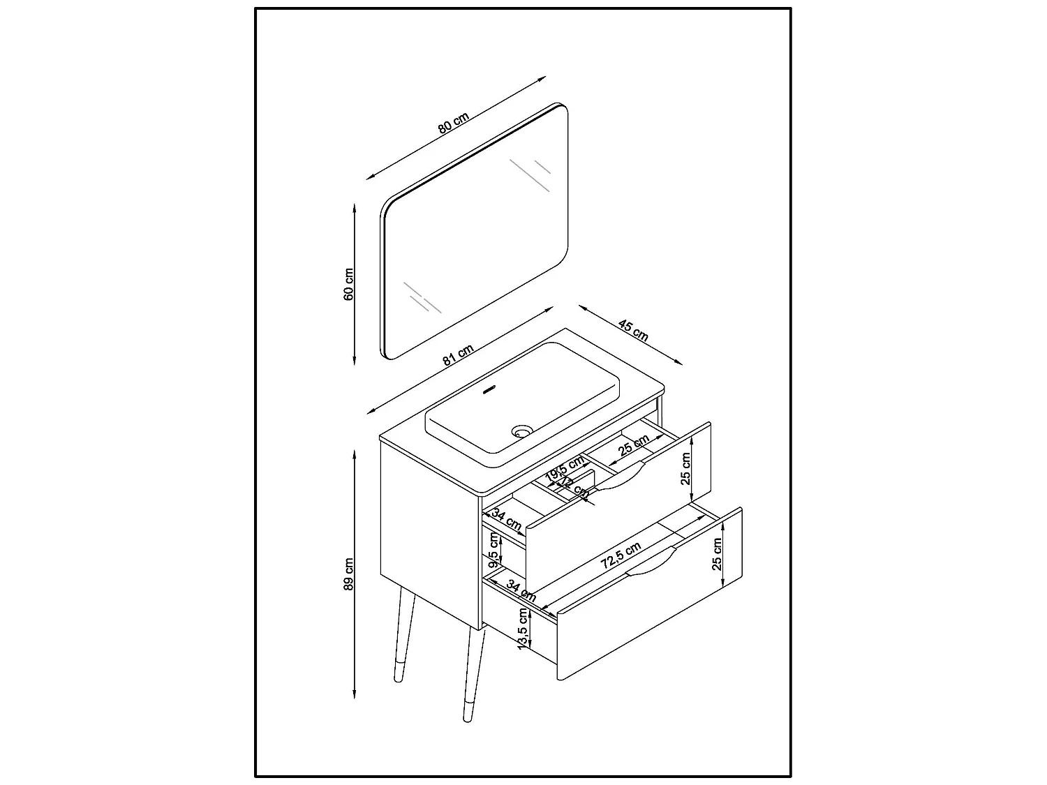Meuble de salle de bain en mélamine coloris blanc mat laqué - Longueur 81 x profondeur 44 x Hauteur 89 cm